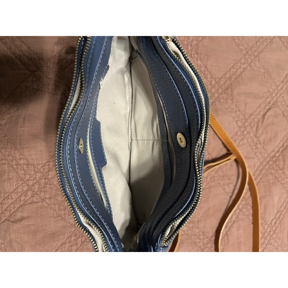 Valentina Womens Blue Leather Crossbody Bag Gold Logo Zip Detachable Strap